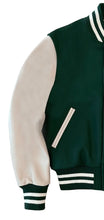 Load image into Gallery viewer, R P LUXURY VARSITY JACKET / FOREST GREEN WOOL / STONE LEATHER / HAND MADE IN USA / XS TO 3-XL / CONTEMPORARY FIT &amp; CLASSIC FIT
