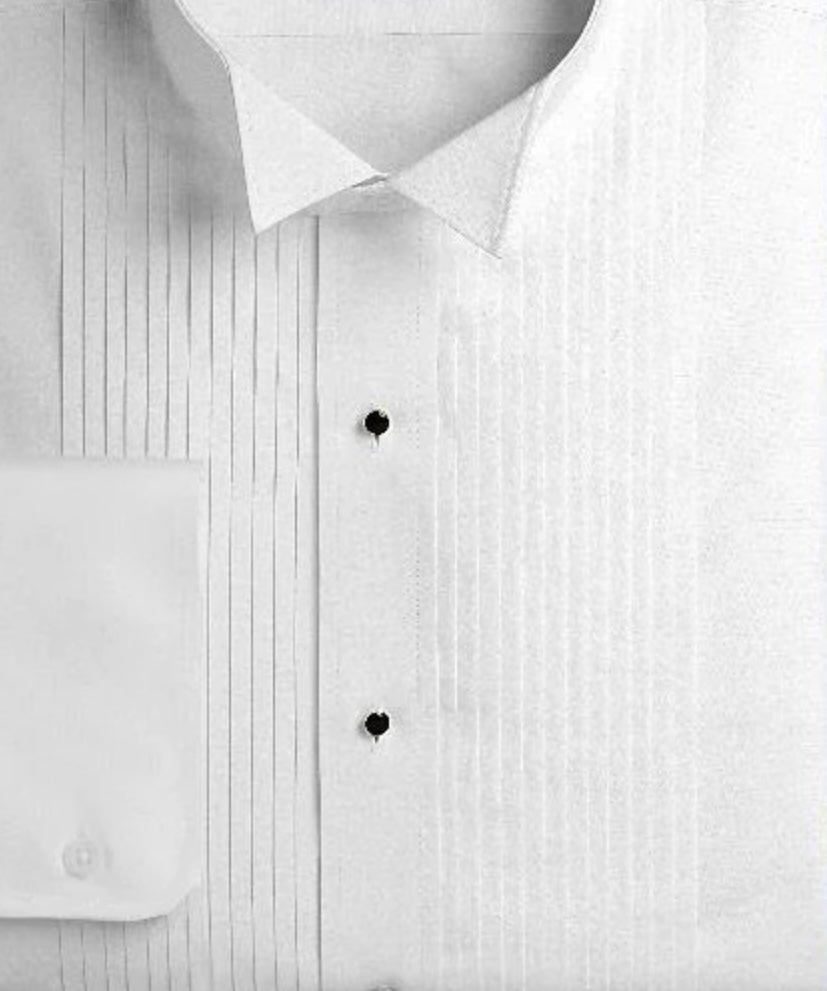 R P SHIRT / MENS / WHITE & BLACK / FORMAL / WING COLLAR / PLEATED / CLASSIC FIT / EXTRA SMALL TO 6 EXTRA LARGE / SLEEVES 30” TO 39”