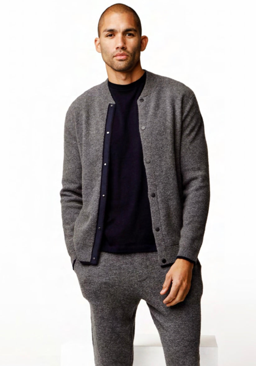 LUXURY BOMBER JACKET SWEATER WITH TIPPING / 100% CASHMERE / BLACK / GREY / S TO XXL