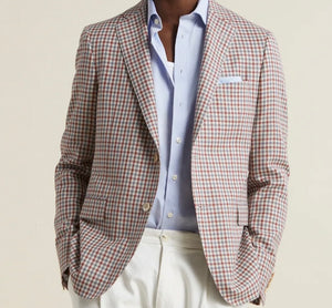 R P SPORTS JACKET / SOFT JACKET / NAVY & RED CHECK / WOOL SILK LINEN / CONTEMPORARY FIT