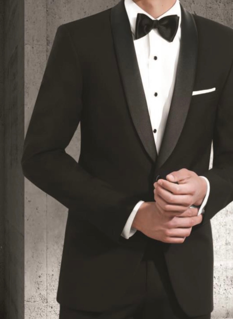 R P TUXEDO / BLACK / SHAWL LAPEL / SLIM FIT / MICROFIBER / 36 TO 54 / REG / LONG / SHORT