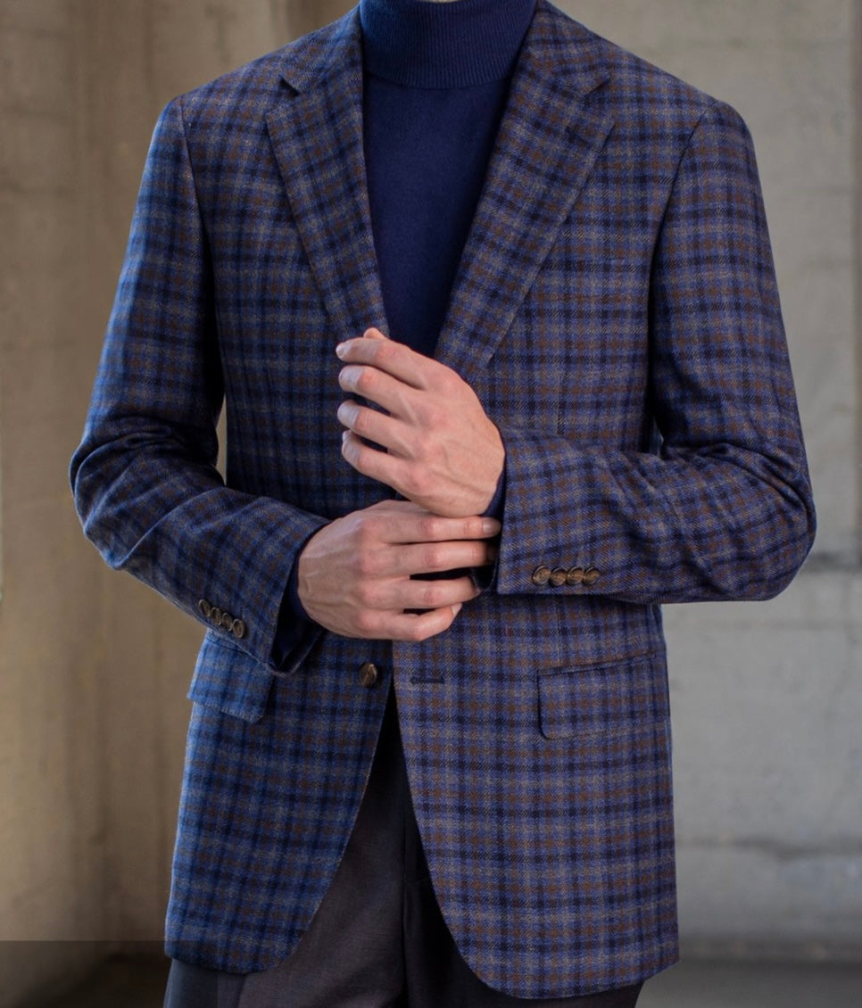 R P SPORTS JACKET / SOFT JACKET / BLUE CHECK /  WOOL + SILK / CONTEMPORARY FIT