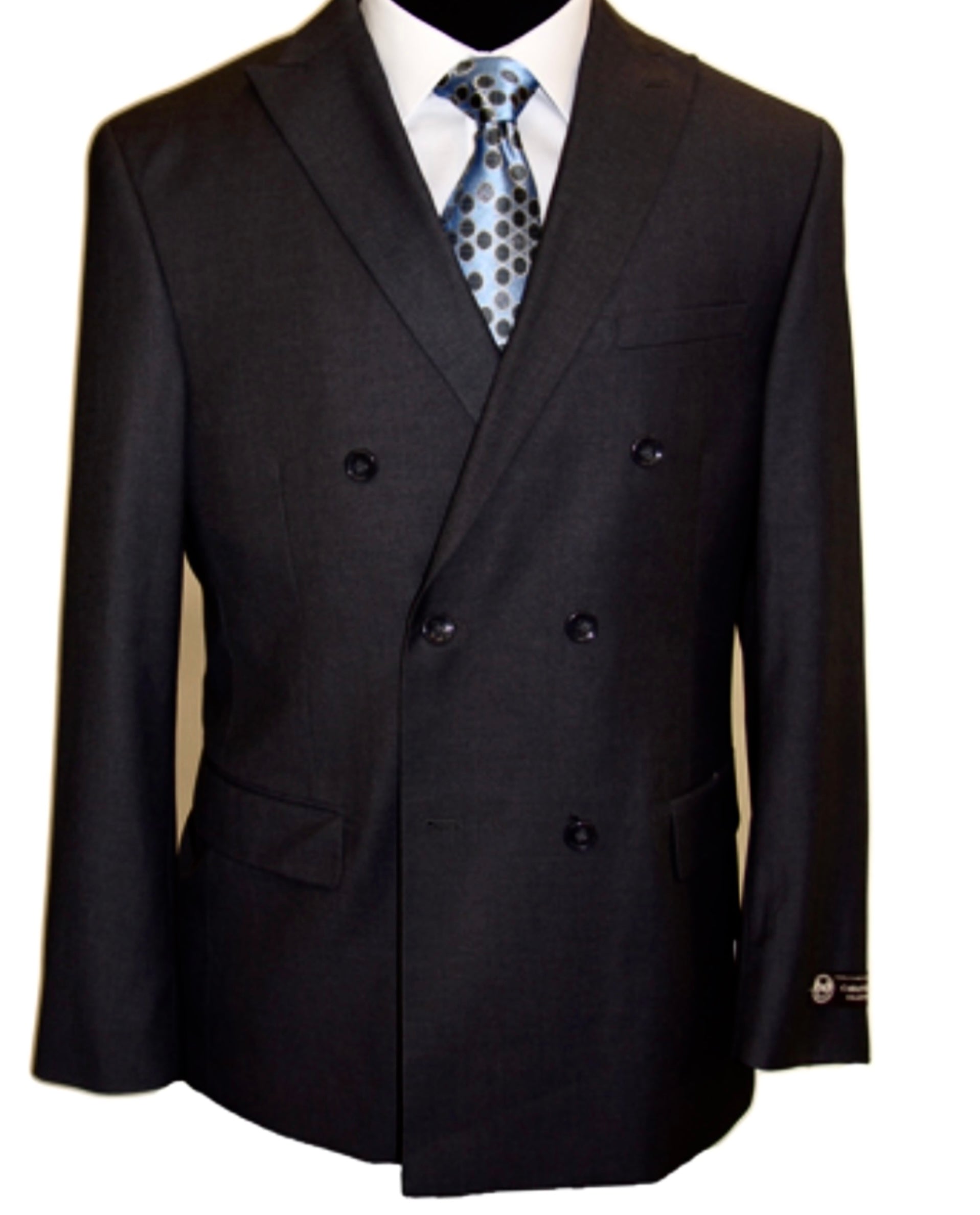 R P SUIT / DOUBLE BREASTED / CLASSIC FIT / BLACK & GREY / MICROFIBER / 36 TO 54 / REG / LONG / SHORT