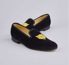 Load image into Gallery viewer, ENGLISH VELVET SHOES / BLACK VELVET WITH CREST / 7 DESIGNS / SIZE 6 TO 13
