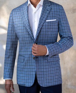 R P SPORTS JACKET / SOFT JACKET / TAUPE WITH BLUE WINDOWPANE / WOOL / CONTEMPORARY FIT