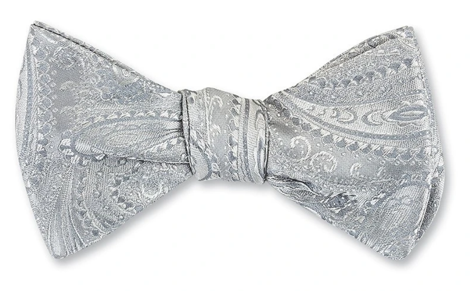 R P BOW TIE / PURE SILK / HAND MADE / SILVER GREY PAISLEY