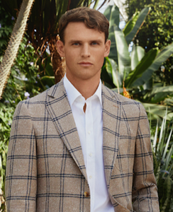 R P SPORTS JACKET / SOFT JACKET / TAUPE WITH BLUE WINDOWPANE / WOOL / CONTEMPORARY FIT