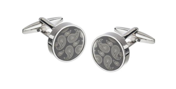 R P CUFF LINKS / SILVER WITH PAISLEY ON GUNMETAL GREY ROUND DESIGN