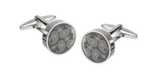 Load image into Gallery viewer, R P CUFF LINKS / SILVER WITH PAISLEY ON GUNMETAL GREY ROUND DESIGN

