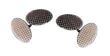 Load image into Gallery viewer, R P CUFF LINKS / SILVER ENGRAVED CHECKERED OVAL DESIGN WITH CHAIN LINK
