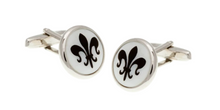 Load image into Gallery viewer, R P CUFF LINKS / SILVER / MOTHER OF PEARL / BLACK FLEUR DE LYS DESIGN
