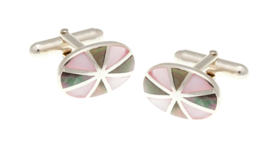 R P CUFF LINKS / SOLID STERLING SILVER / SMOKEY AND PINK MOTHER OF PEARL DESIGN