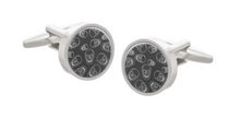 Load image into Gallery viewer, R P CUFF LINKS / SKULLS ETCHED IN SILVER ON BLACK CARBON FIBER DESIGN
