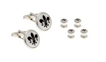 Load image into Gallery viewer, R P CUFF LINKS FORMAL 4 STUD SET / SILVER / MOTHER OF PEARL / BLACK FLEUR DE LYS DESIGN
