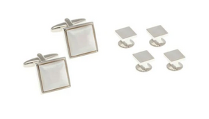R P CUFF LINKS FORMAL 4 STUD SET / SILVER / MOTHER OF PEARL SQUARE DESIGN
