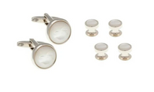 Load image into Gallery viewer, R P CUFF LINKS FORMAL 4 STUD SET / SILVER / MOTHER OF PEARL ROUND DESIGN
