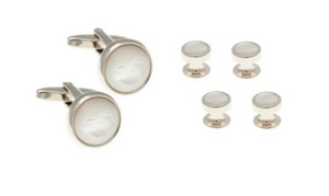 R P CUFF LINKS FORMAL 4 STUD SET / SILVER / MOTHER OF PEARL ROUND DESIGN