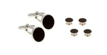 Load image into Gallery viewer, R P CUFF LINKS FORMAL 4 STUD SET / SILVER / BLACK ENAMEL ROUND DESIGN
