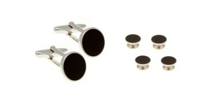 R P CUFF LINKS FORMAL 4 STUD SET / SILVER / BLACK ENAMEL ROUND DESIGN