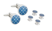 Load image into Gallery viewer, R P CUFF LINKS FORMAL 4 STUD SET / SILVER / ENAMEL BLUE POLKA DOTS DESIGN
