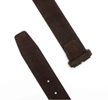 Load image into Gallery viewer, R P BELT / DARK BROWN SUEDE / HAND MADE IN ITALY / BUCKLE / GOLD / SILVER / MATT SILVER

