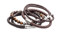 Load image into Gallery viewer, R P BRACELET / SILVER / BROWN BRAIDED LEATHER / DOUBLE WRAP
