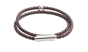 R P BRACELET / SILVER / BROWN BRAIDED LEATHER / DOUBLE WRAP