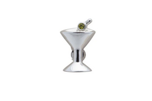 R P LAPEL PIN / SILVER MARTINI GLASS WITH GREEN CRYSTAL OLIVE