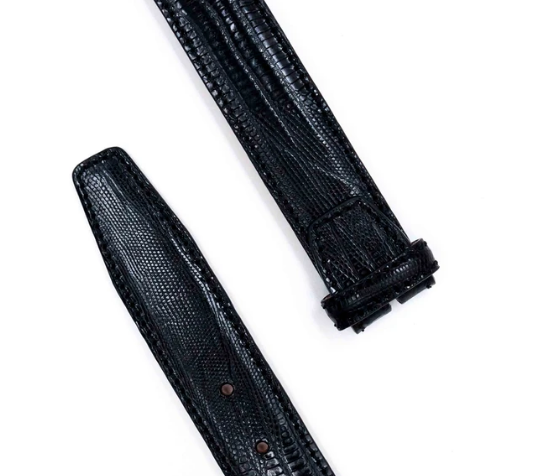 R P BELT / BLACK LEATHER LIZARD EMBOSSED / HAND MADE IN ITALY / BUCKLE / GOLD / SILVER / MATT SILVER